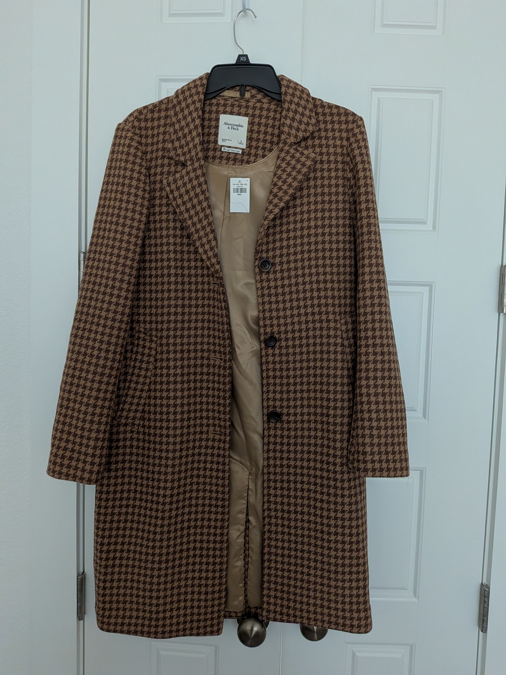 NWT Abercrombie & Fitch Dad Coat Small Brown Houndstooth Longline